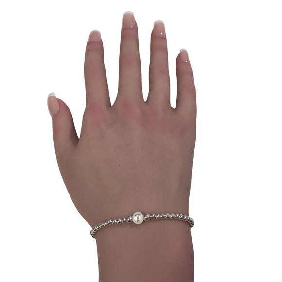 925 Sterling Silver Beaded Stretch Stacking Bracelet MOP Letter Initial T - Picture 3 of 6